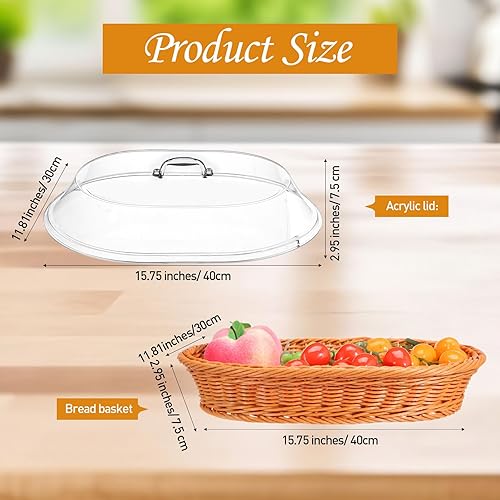 Miniatura 2 de Juego de 2 cestas de pan de ratán de imitación con tapa, cestas de pan de mimbre para servir cestas de frutas tejidas con tapa, cestas ovaladas para