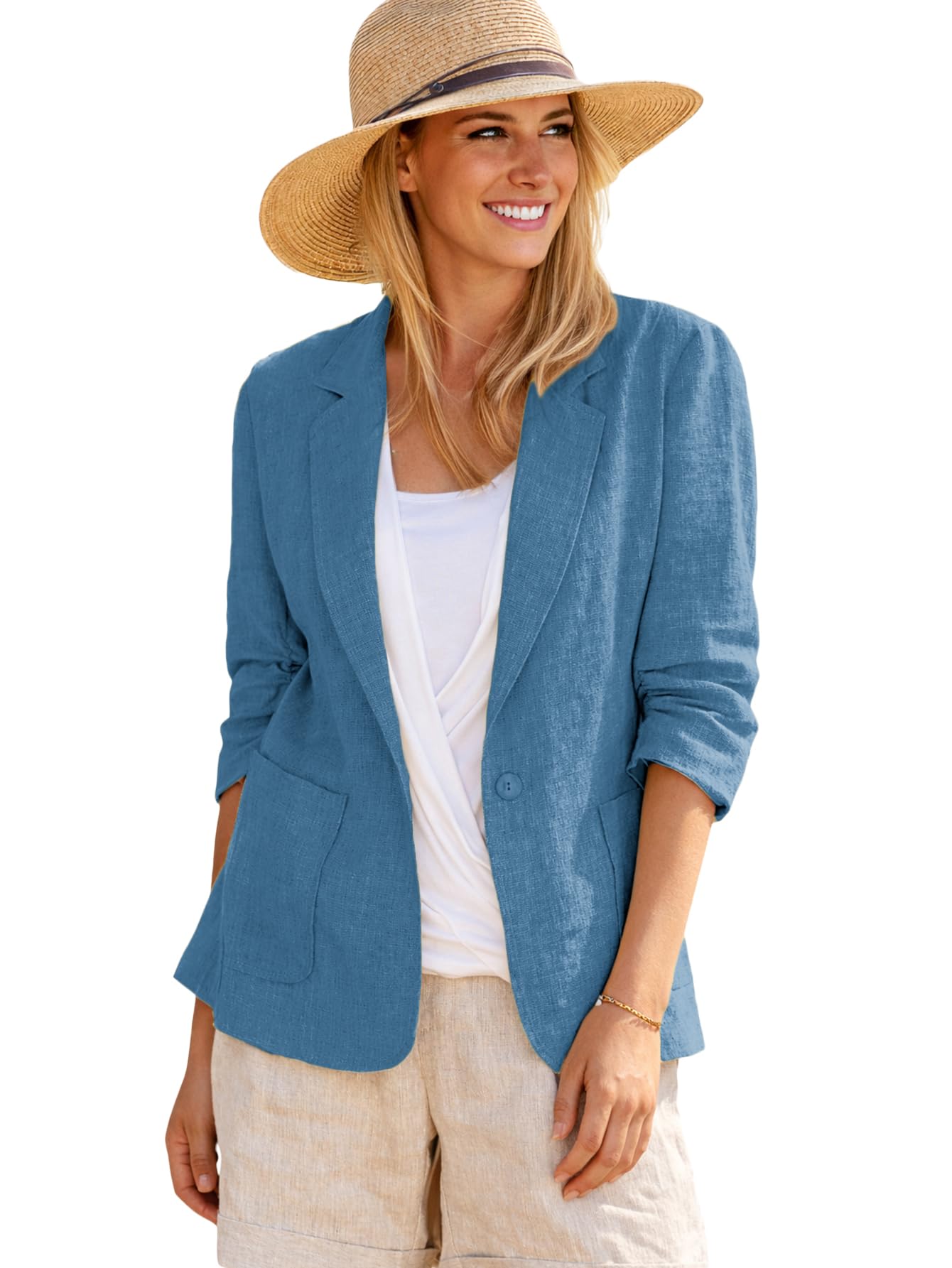 Mina Self 2026 Summer Women’s Linen Blazer Jacket - Lightweight Breathable 3/4 Stretchy Ruched Sleeve Casual Work with Pocket