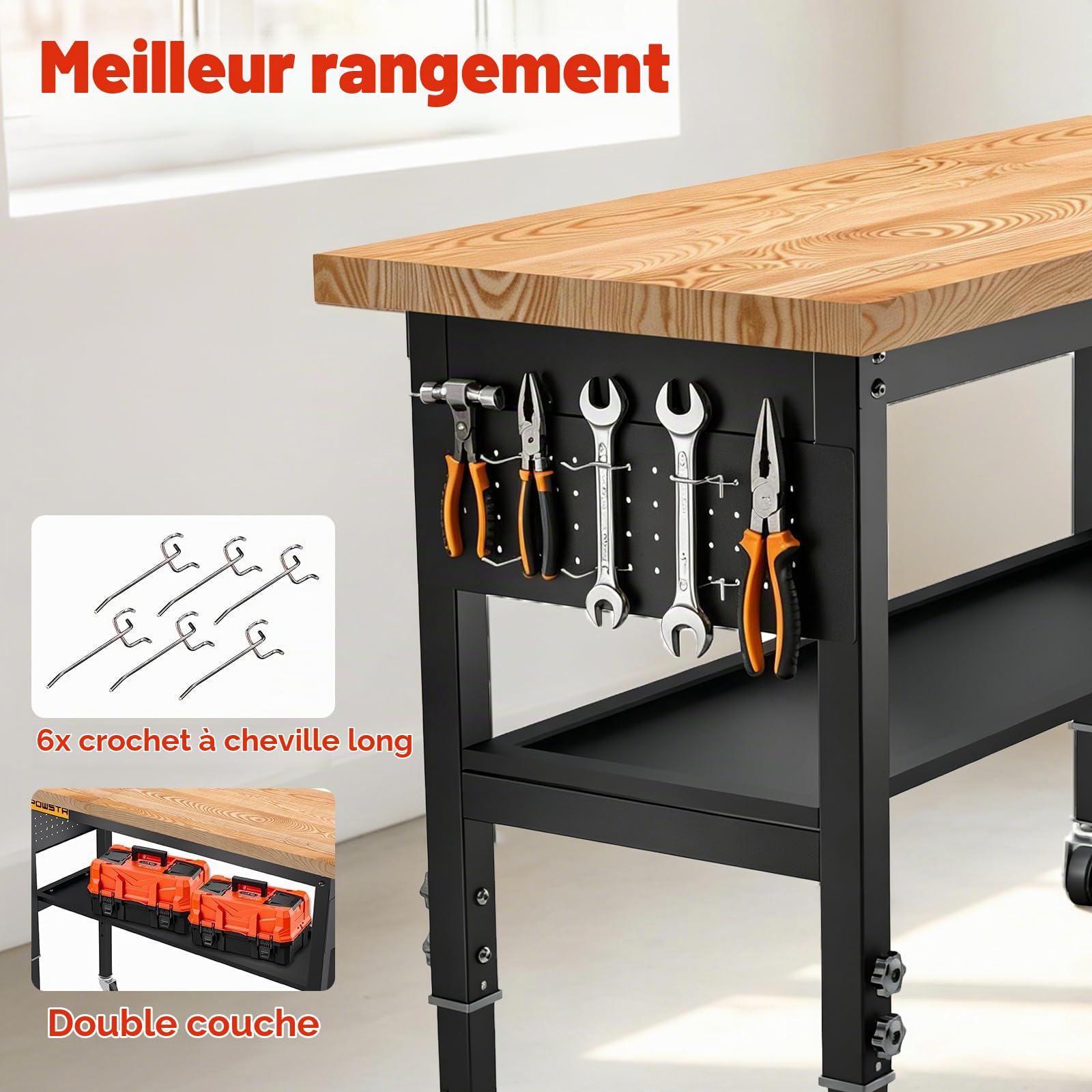 Établi Atelier Garage 120 cm Réglable 5 Hauteurs, Bois Caoutchouc 900 Kg | Double Niveau/2 Roue Avec Frein/ 6 Crochets/Panneau Perforé/Garage Atelier Bureau Maison Commercial