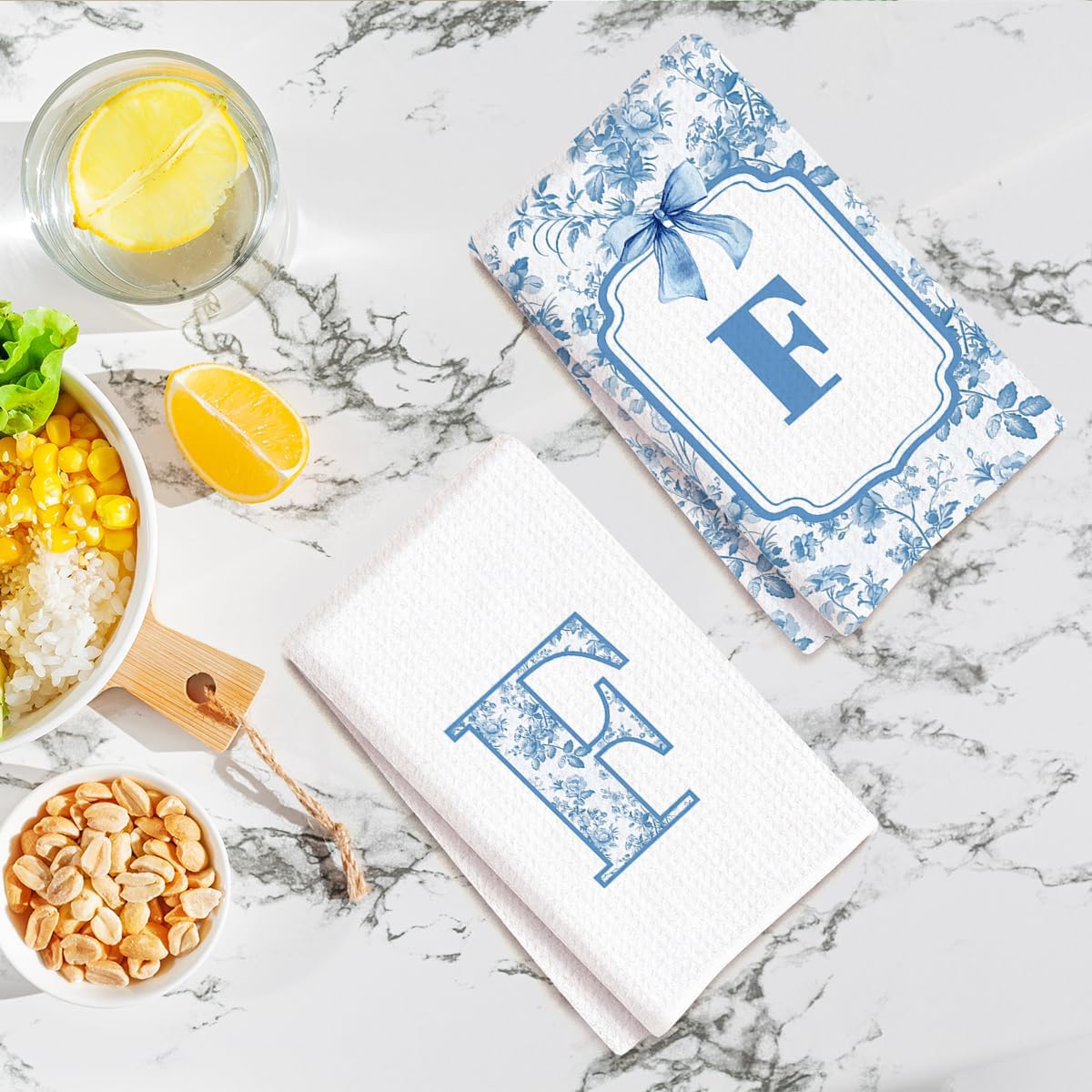 Chinoiserie Initial Kitchen Towels, Personalized Gifts for Women, Personalized Kitchen Towel, Initial F Waffle Dish Hand Towel for Home Bathroom Baking Dining Bar Decor Set of 2 14x24 Inch