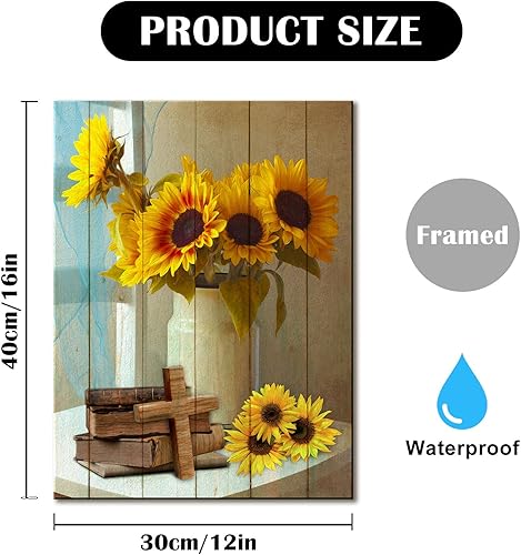 Miniatura 2 de Typruye Lienzo decorativo para pared, diseño de girasoles, símbolo de cruz de madera, inspirador, decoración del hogar para sala de estar,