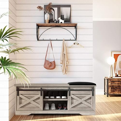 Miniatura 5 de SAINTCY Banco de zapatos de entrada con almacenamiento, moderno armario de zapatos gris con puerta corrediza de granero, banco de almacenamiento