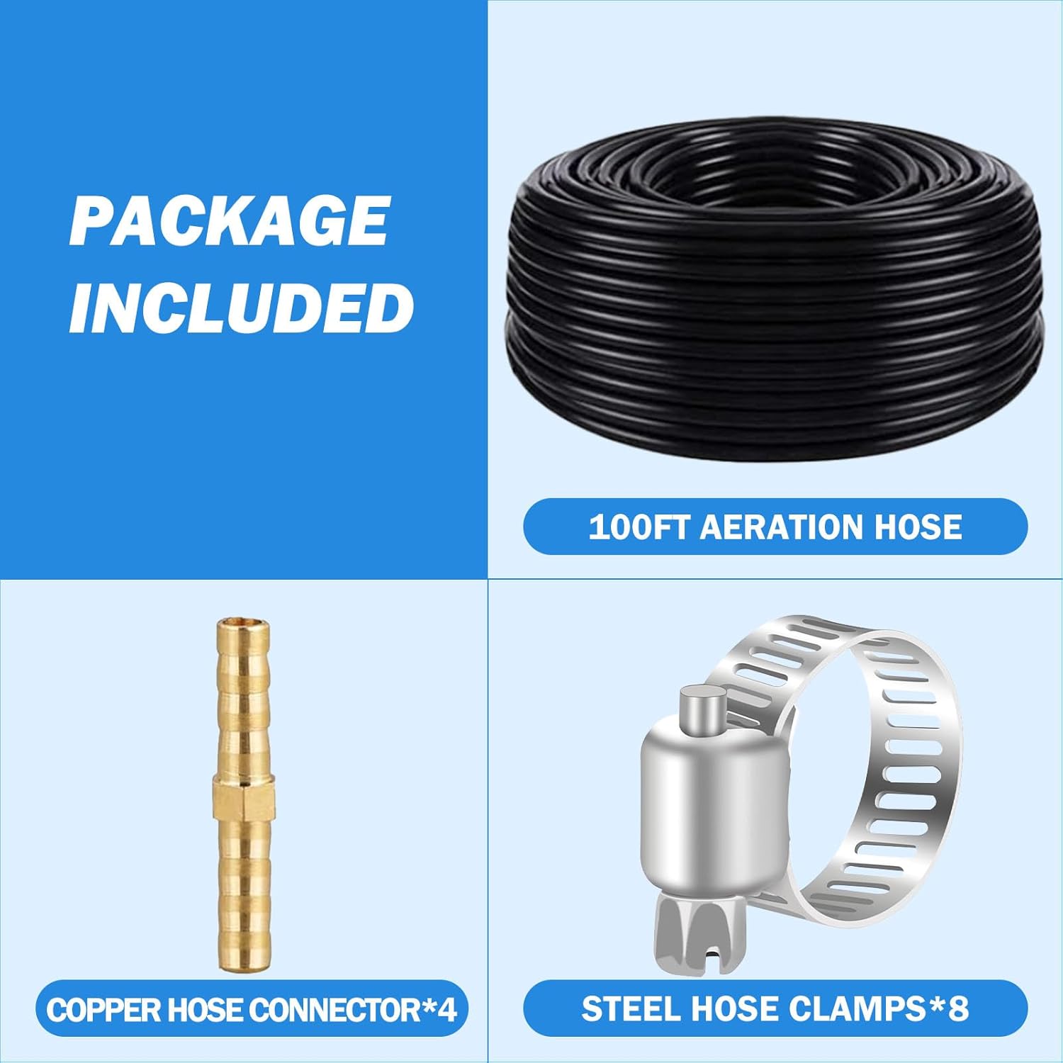 3/8 Inch Self Sinking Aeration Hose,100 feet Weighted Pond Aerator Hose with 8 Stainless Steel Clamps and 4 Copper Menders (1, Black)