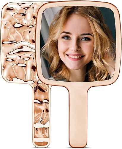 Espejo de mano, espejo de mano con ondas de agua con mango para maquillaje, cuadrado, oro rosa, pequeño (4 x 7 pulgadas)