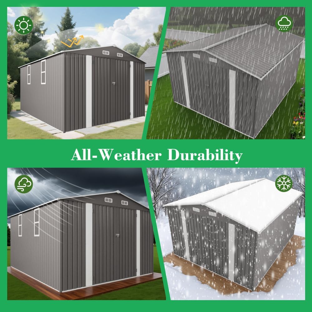 Large Outdoor Metal Storage Shed 10x12 ft, Double Door with Two Windows, Waterproof Tool Shed for Backyard, Patio, Lawn or Poolside, Grey