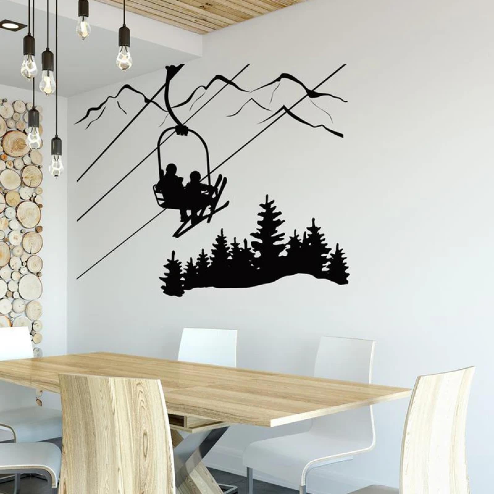 SHELOG Ski Wall Decal Skier Ski Lift Chair Mountain Pine Wall Decal Winter Sports Decor Vinyl Home Bedroom Decor