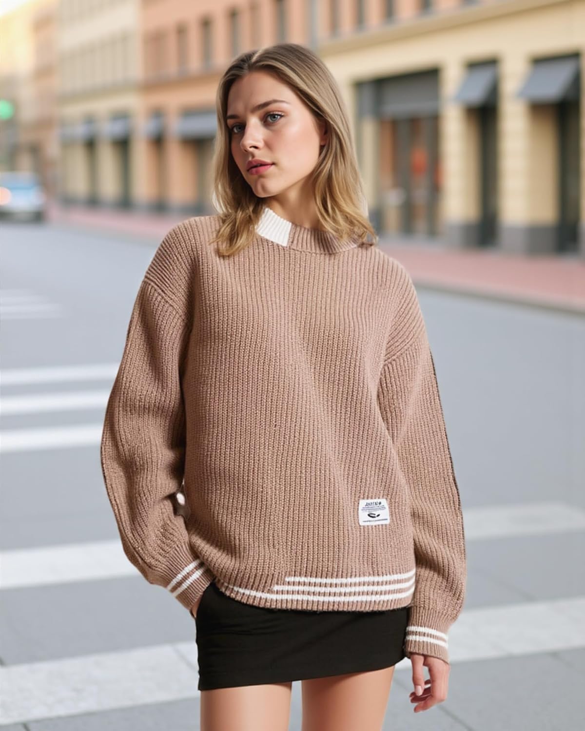 Men Colorblocked Crewneck Sweater Baggy Knitted Pullover Jumper Unisex Casual Textured Sweater Tops - Image 2