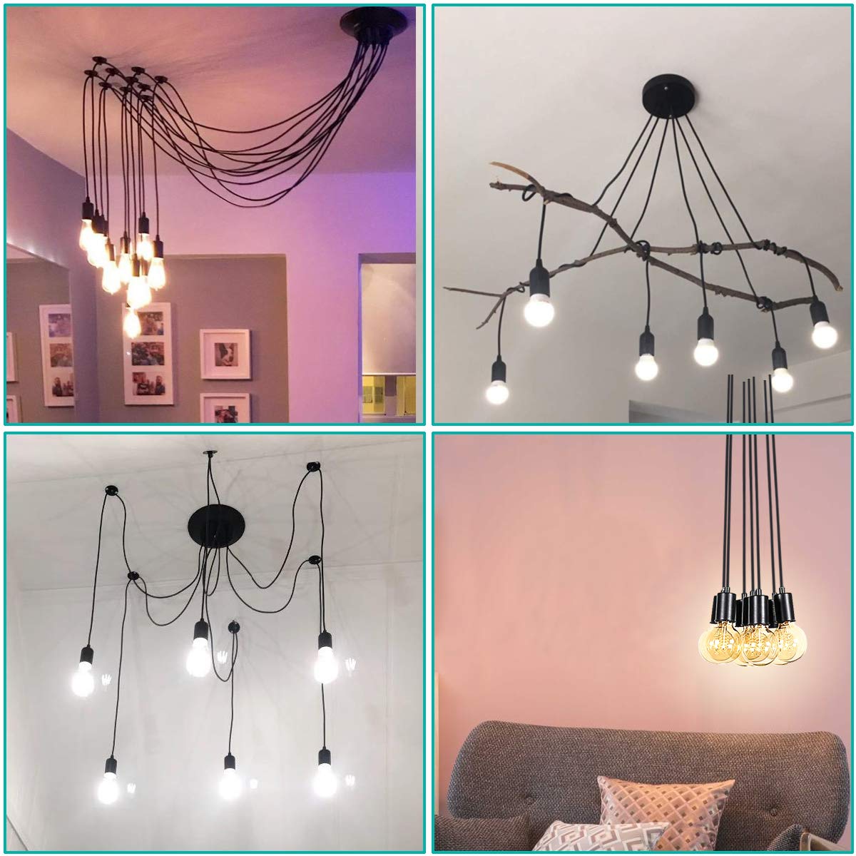 iDEGU Moderne et Rétro Lustre Suspension, 6 Bras Suspension Luminaire DIY Créatif Lustre Araignee Ajustable 150CM Vintage Lampe de Plafond avec E27 Douille, Noir, 6 Lumières