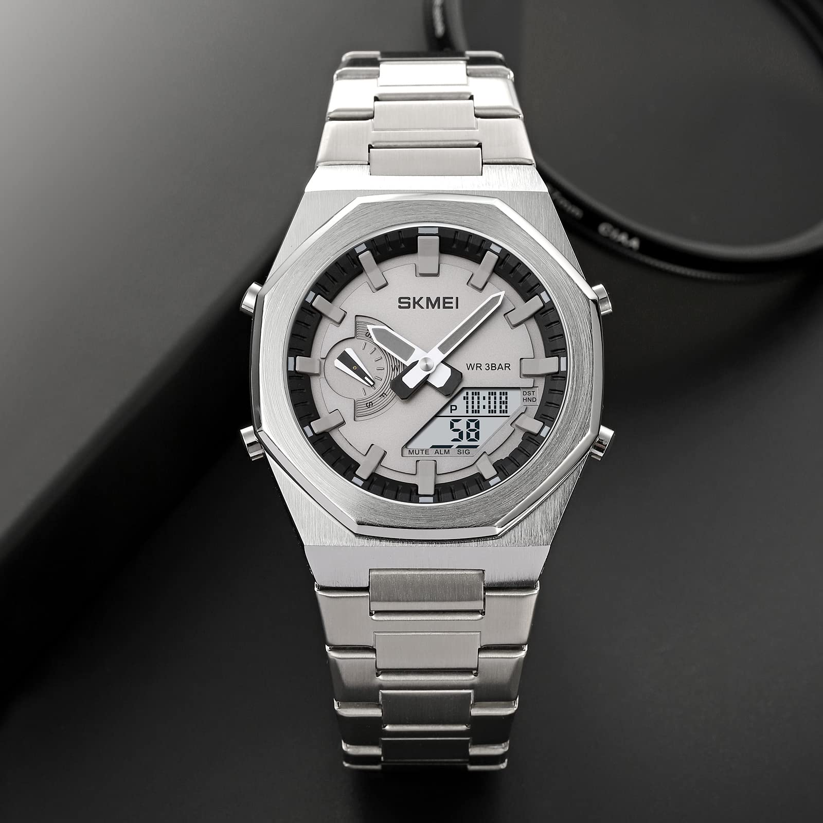 Gosasa Herren Luxus Retro Analog Digital Uhr Achteckig Edelstahl Armband 30M Wasserdicht Metall Sport Kleid Armbanduhr mit LED Hintergrundbeleuchtung, Weltzeit, Stoppuhr, 5 Alarme, Datum Woche Anzeige