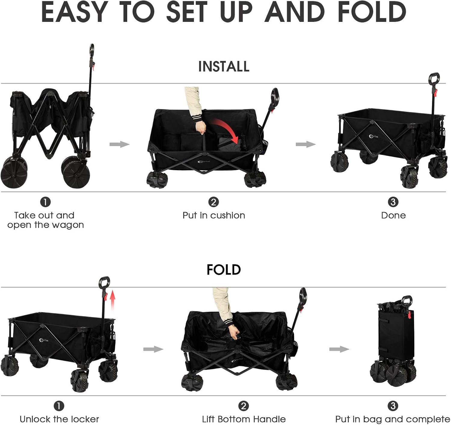 PORTAL Collapsible Folding Utility Wagon Cart with 8 inches Wheels Telescoping Handle for Outdoor Garden and Beach Use, Black : Patio, Lawn & Garden
