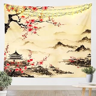 jejeloiu Japanese Style Tapestry Red Cherry Blossoms Tapestry Wall Hanging for Kids Boys Girls Mount Fuji Pattern Wall Tapestry Ink Painting Wall Art for Bedroom Living Room,Medium 59x59 Inches