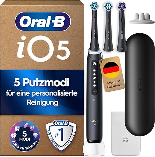 Oral-B iO Series 5 Plus Edition Elektrische Zahnbürste — Electric Toothbrush, Inkl. 3 Aufsteckbürsten, 5 Putzmodi für Zahnpflege, Reise-Etui — Zahnbürste Elektrisch, Designed by Braun, Schwarz