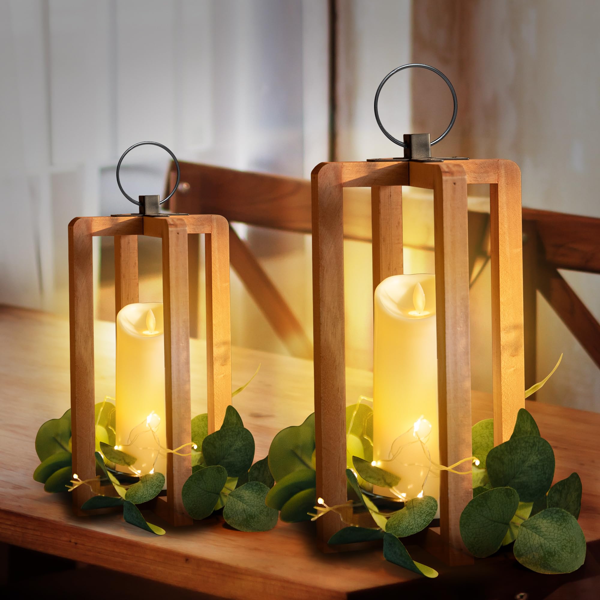 HPC DECOR 2 PCS Modern Farmhouse Lantern Decor, Rustic Wooden Lanterns Holder for Home Decor, Lanterns Decorative w/LED Lights String and Garland for Living Room,Fireplace,Mantle,Kitchen Dining Table.