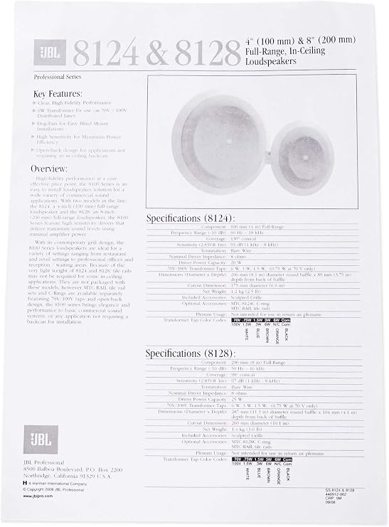 JBL 8124 - Full-Range In-Ceiling Loudspeaker with 70 Volt/100 Volt Taps (4 Pack)