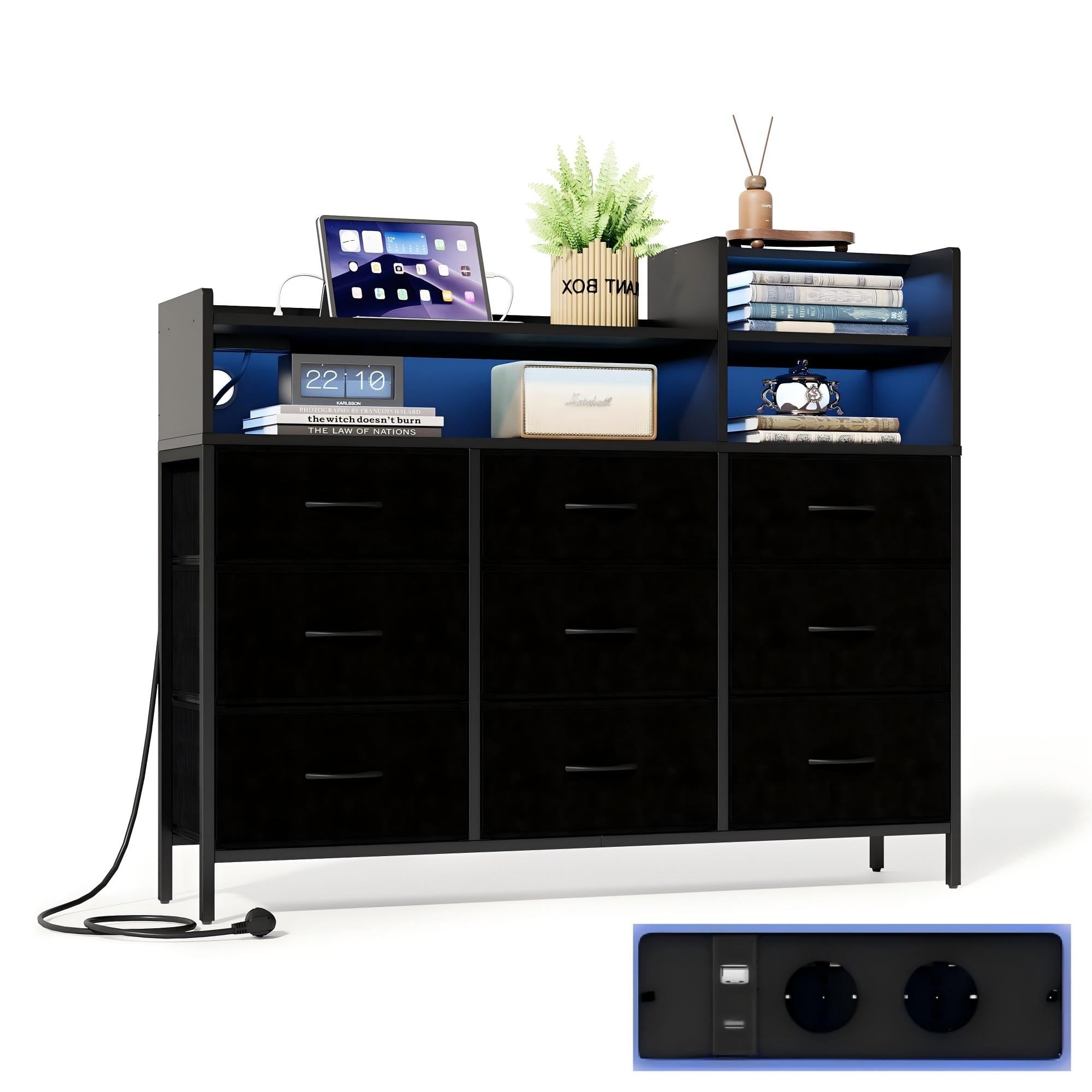 IRONCK Commode de Rangement Moderne avec lumière LED et Station de Charge, 9 tiroirs en Tissu et 3 étagères Ouvertes en Bois, pour Chambre à Coucher, Salon, Couloir, Placard (Noir)