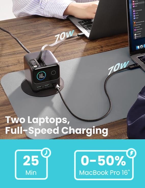 JOYROOM 5-in-1 USB C Charging Station, 140W Ultra-Fast 5-Port Desktop Charger with Dual Retractable 100W USB-C Cables (2.6ft), 1.54 Smart LCD Power Display for MacBook, iPhone, Home & Office
