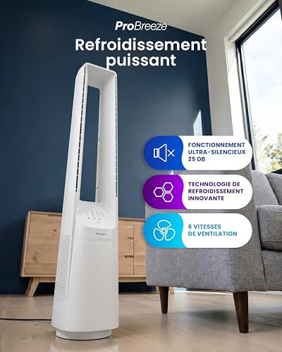 Pro Breeze® Silent Bladeless Portable Tower Fan - Ultra Quiet Standing Air Circulator with Remote Control, Timer, 6 Speeds & LED Display - 2