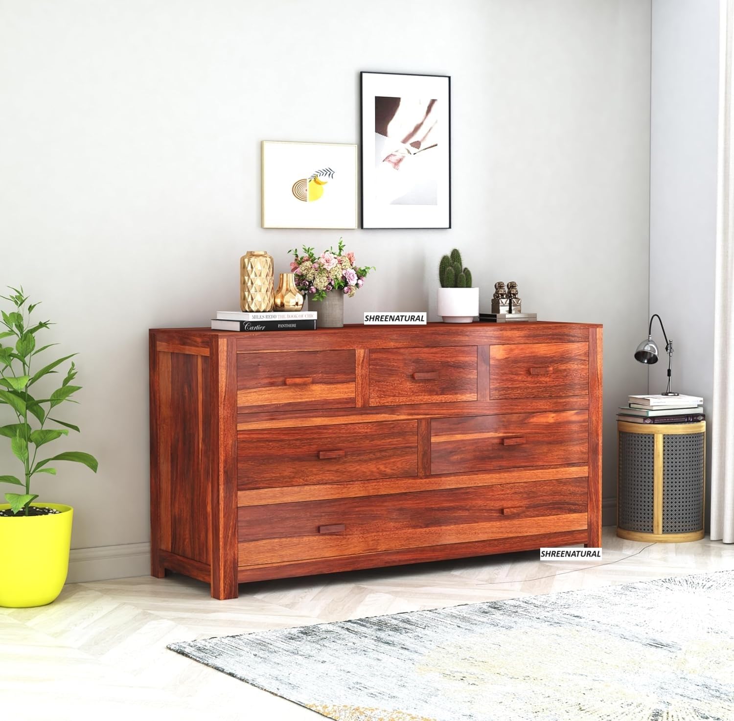 Solid Sheesham Wood Chest of 6 Drawers Multipurpose Storage Cabinet Wooden Dresser for Bedroom Living Room Home (Honey)-image-3