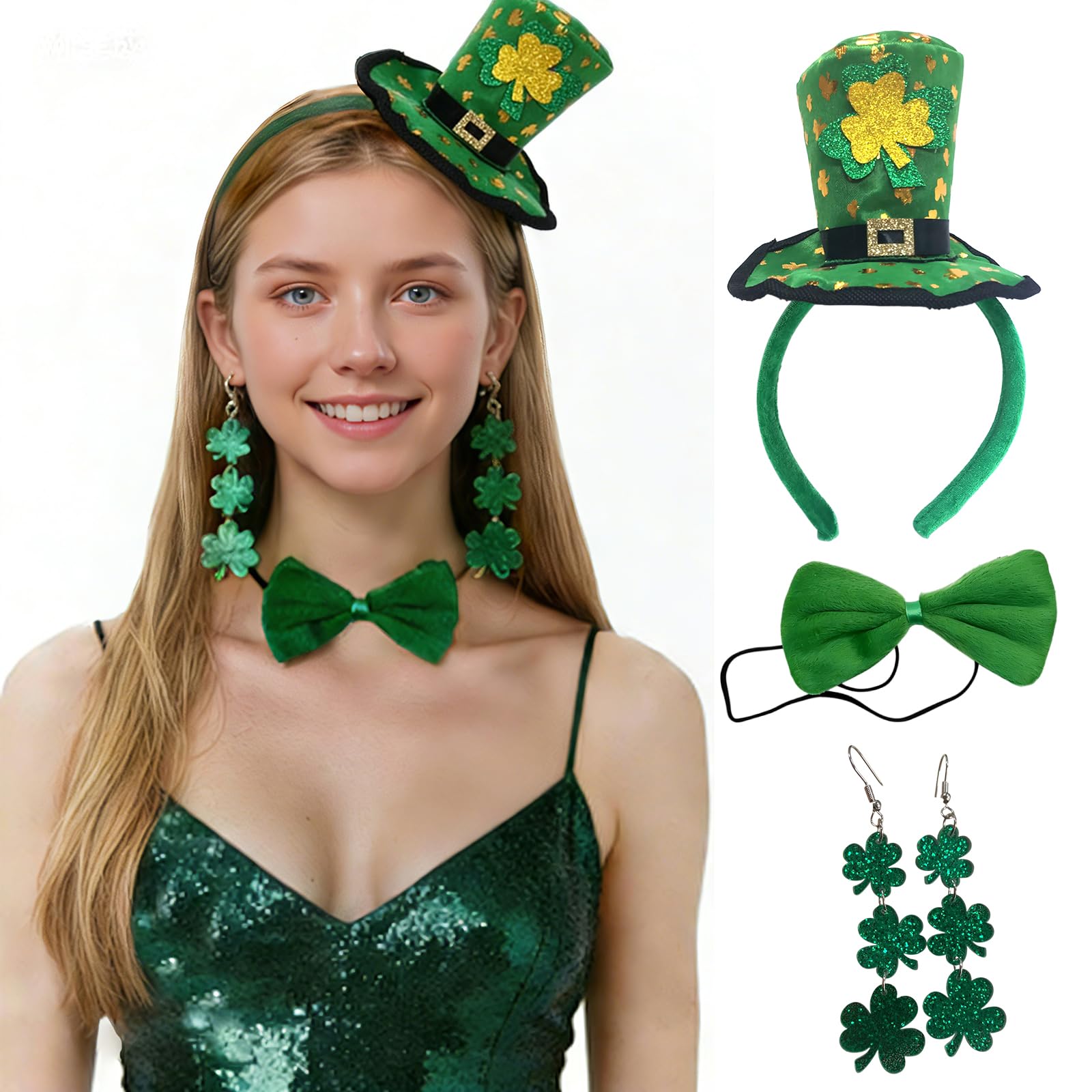 LIUQOBN St.Patricks Day Shamrock Headband Bow Tie Set, Leprechaun Fancy Dress Accessory for Irish Party