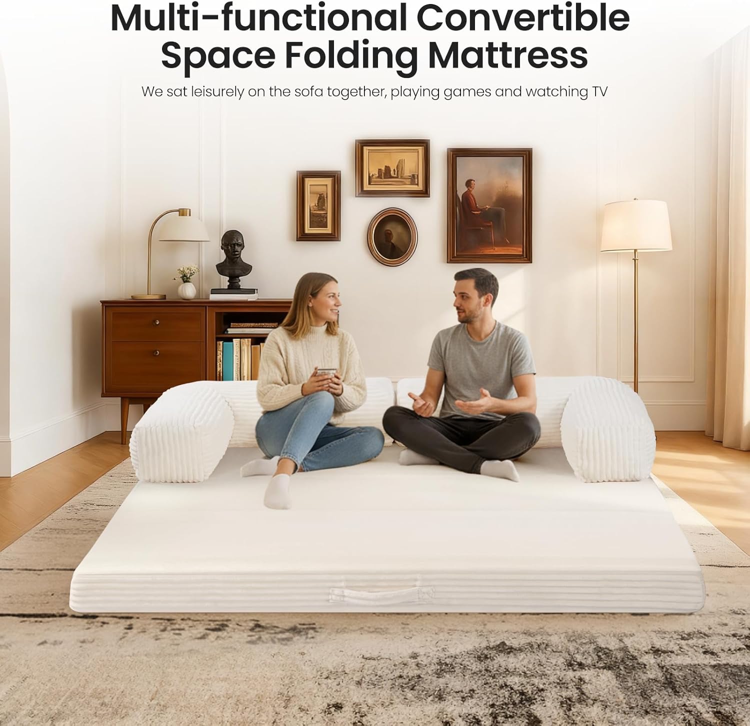 Tri-Fold Foldable Mattress, Convertible Folding Sofa Bed with Removable Arms & Washable Cover, All-in-One Portable Mattress Floor Sofa Bed, No Assembly Required & Non-Slip, Full Size, Beige