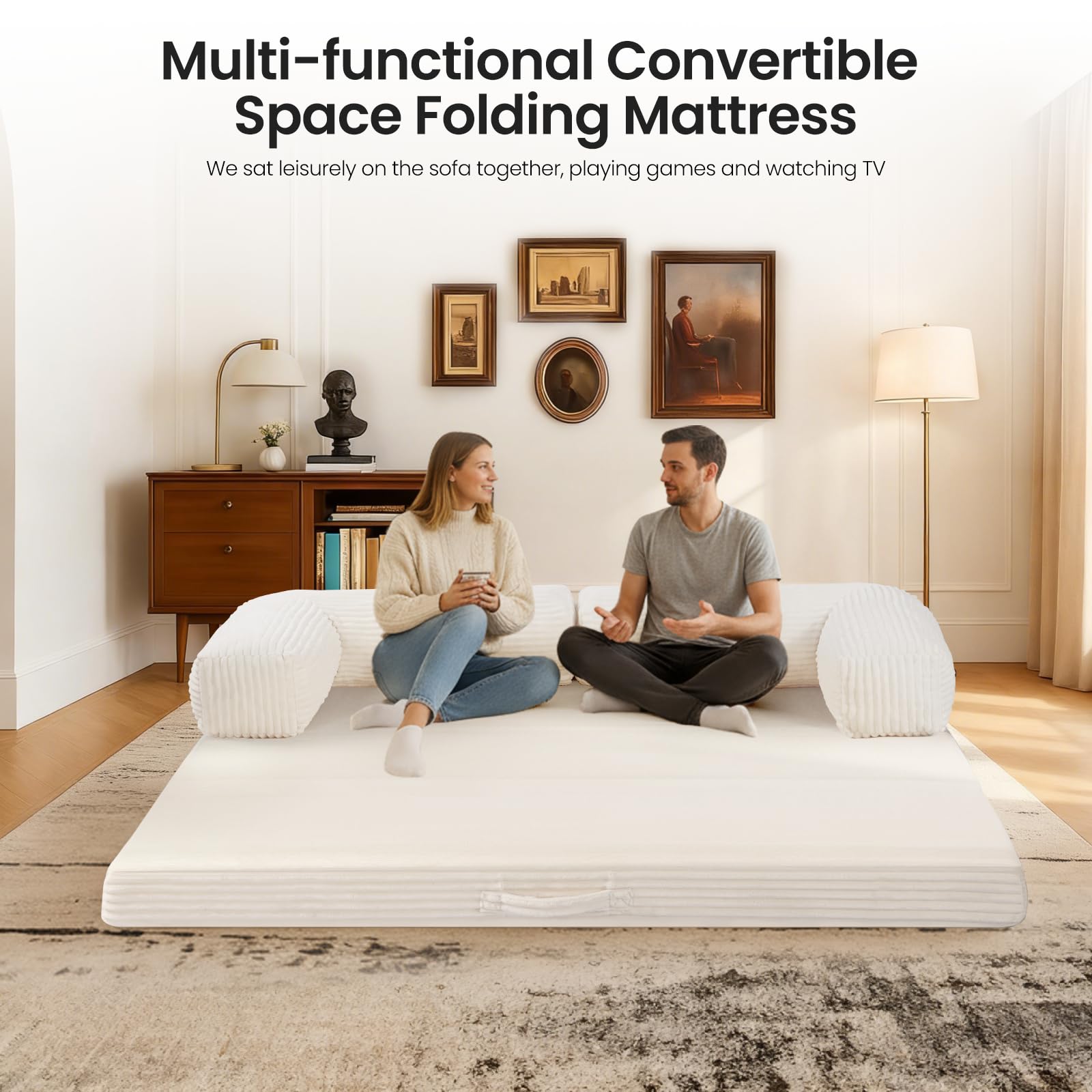 Tri-Fold Foldable Mattress, Convertible Folding Sofa Bed with Removable Arms & Washable Cover, All-in-One Portable Mattress Floor Sofa Bed, No Assembly Required & Non-Slip, Full Size, Beige