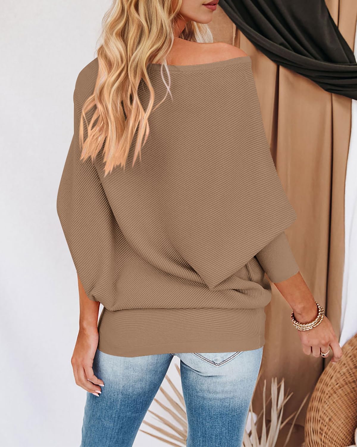 Zenlonr Women's Fall Sweaters 2026 Casual Long Batwing Sleeve Loose Off Shoulder Knit Pullovers Jumper Tops - Image 5