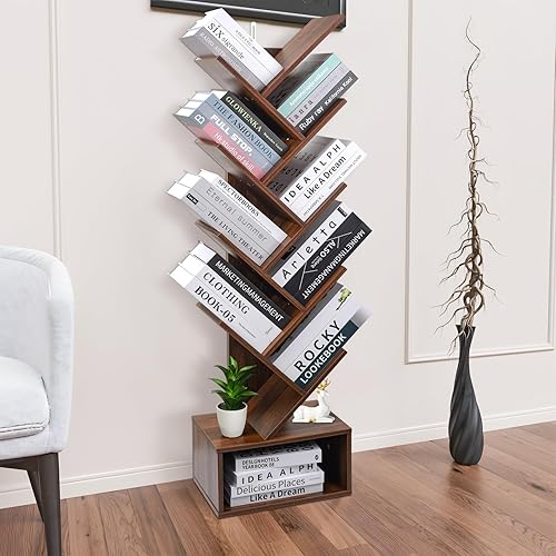 Miniatura 2 de Luckyeestar Estantería de árbol de 4 niveles, estante retro de almacenamiento de 4 estantes, estante de almacenamiento de madera, estantería moderna