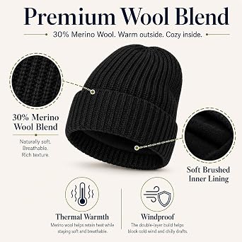 Big Head L/XXL Wool Blend Warm Beanie for Men, Chunky Knit Texture, Warm Stretchable Skull Cap Winter Hats