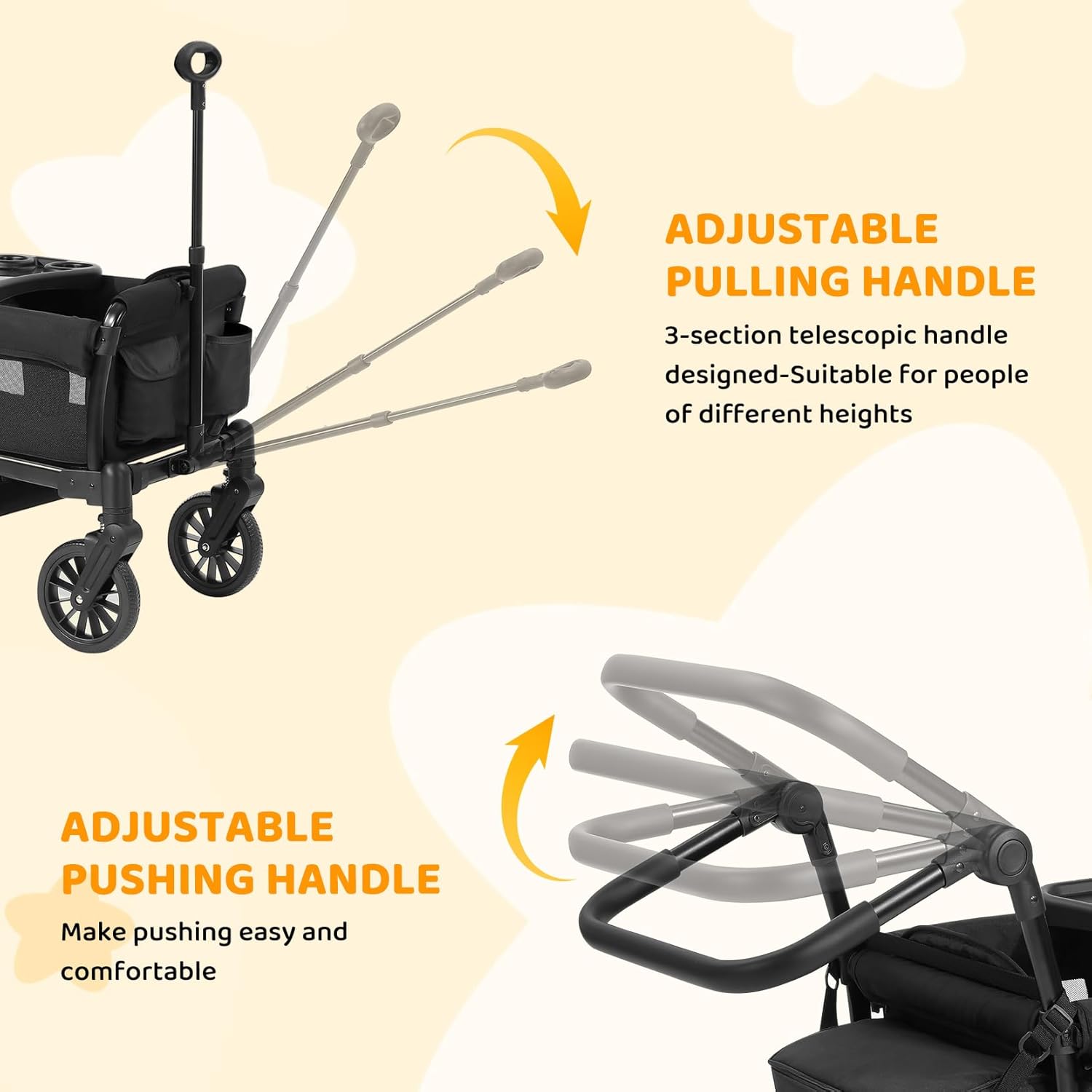 ELEMARA Foldable Wagon Stroller, Stroller Wagon for 2 Kids, Premium All Terrain Wagon for Kids with Removable Canopy, Adjustable Push/Pull Handle, Harnesses, Large Storage Bag, Black