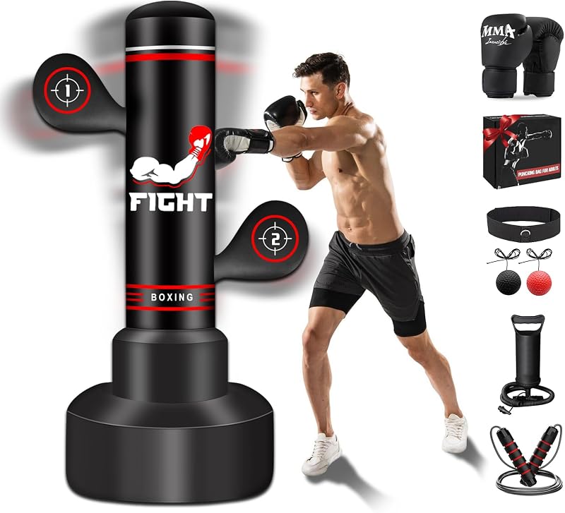 Saco de boxeo pesado para adultos y adolescentes, saco de boxeo de 70 pulgadas con guantes, bomba | Saco de boxeo con guantes, bomba y cuerda para saltar, pelota de reflejo de boxeo, bolsas de kickboxing para hombres y mujeres para entrenar MMA Fitness gimnasio en casa