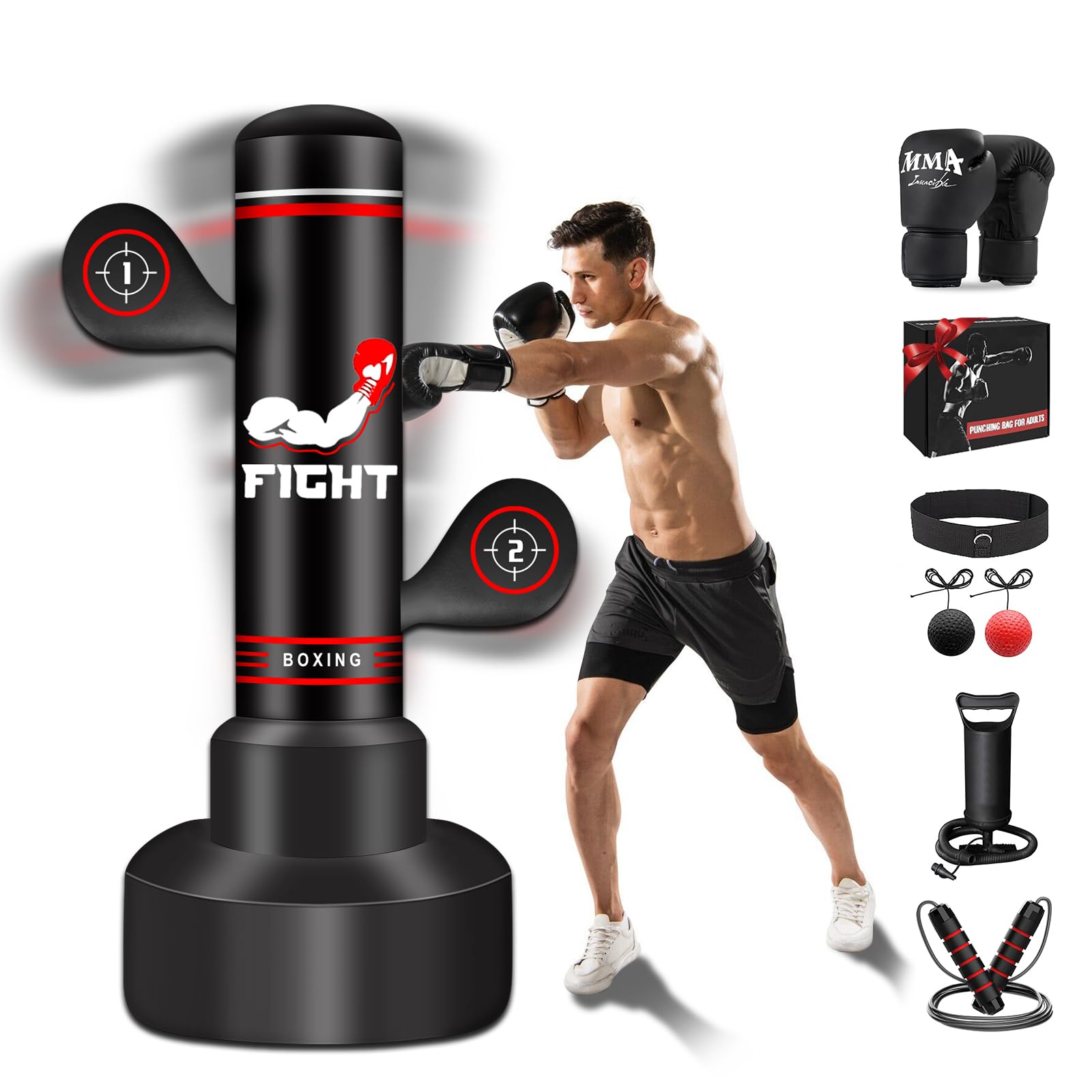 Heavy Freestanding Boxing Bag with Gloves, Pump and Jump Rope, Reflex Ball