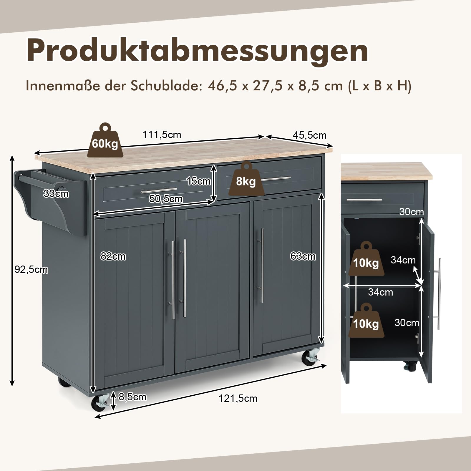 COSTWAY Küchenwagen auf Rollen, Servierwagen mit Arbeitsplatte, 2 Schubladen, Messer- & Handtuchhalter, Küchentrolley Holz, Küchenschrank für Küche, Beistellwagen Kücheninsel (Grau)
