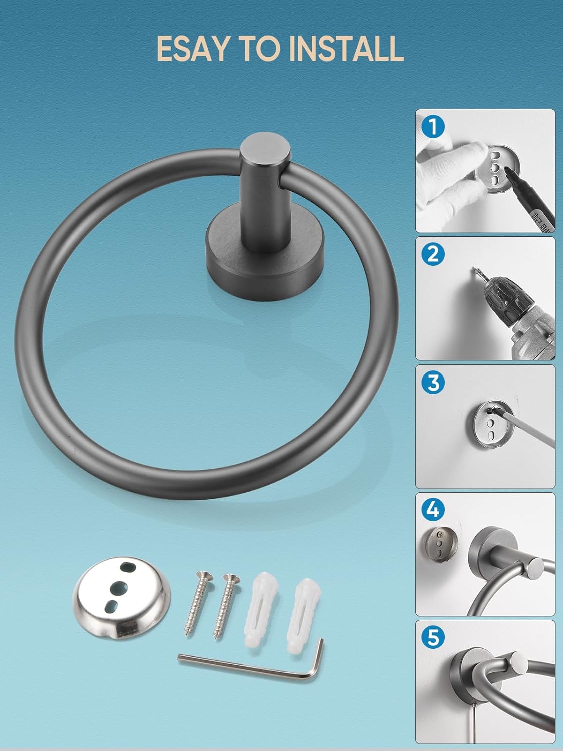 Cobbe Towel Ring, Hand Towel Holder for Bathroom Wall Mounted, Bathroom Towel Rack Round, Towel Hanger for Bathroom, Kitchen, Rv (Gunmetal Grey)