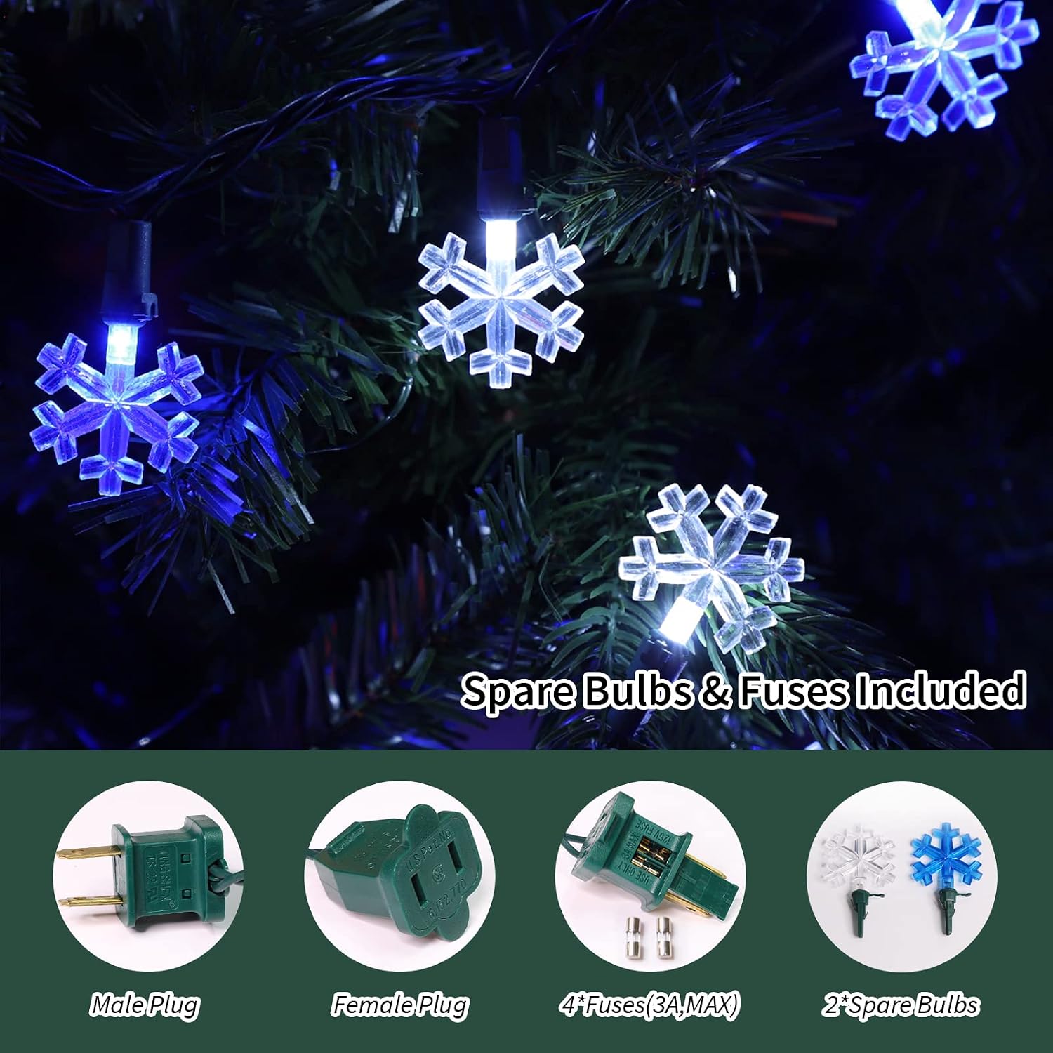 LAMPHOME 12.8ft 50 LED Snowflake String Light，Lightbulbs for Christmas,Party,Home,Patio Lawn,Garden，Cool White and Blue