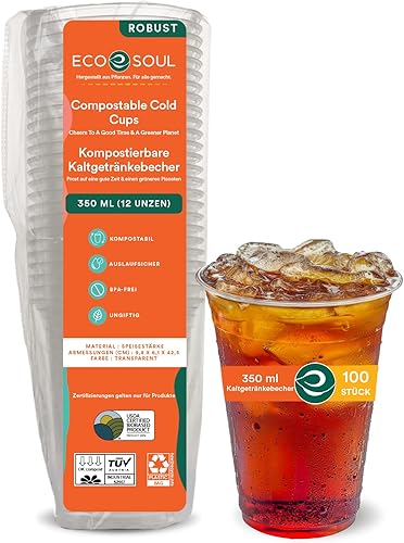 ECO SOUL Vasos de fiesta 100% transparentes compostables  (100 unidades, 12 onzas)  Desechables  Biodegradables  Alternativa ecológica a base de