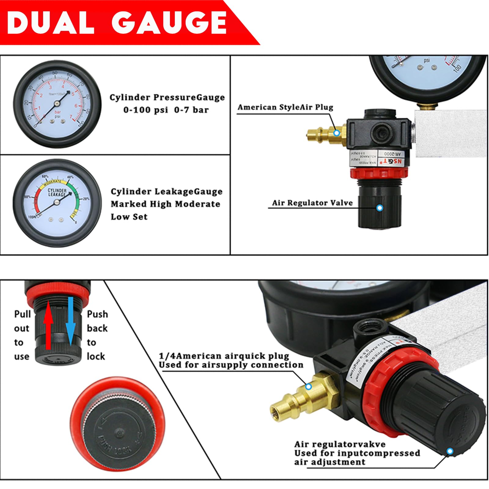 Kit multifunzione per test di perdite nei cilindri, include tester di compressione del motore con doppio manometro per controllo pressione e tasso di perdita, completo di asta di estensione