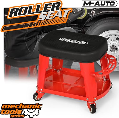 Miniatura 8 de M-AUTO Asiento de trabajo rodante de garaje resistente, taburete mecánico de capacidad de 300 libras con ruedas, asiento de trabajo rodante con