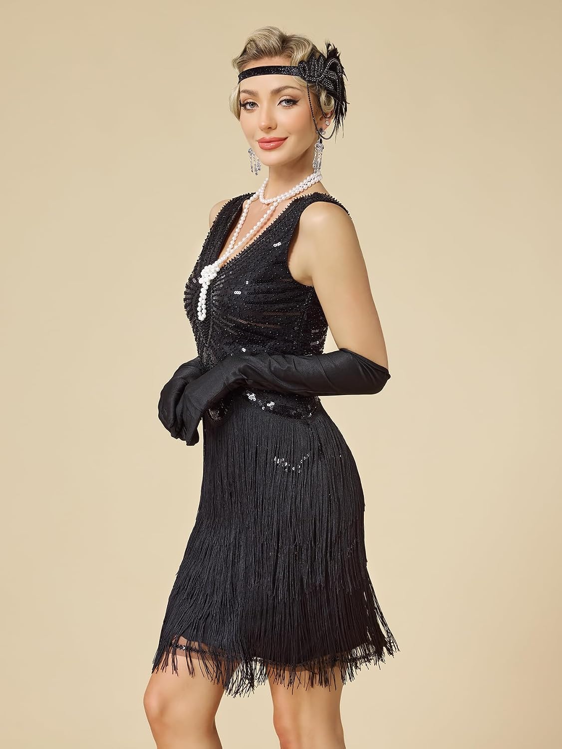 MTITE Women’s Flapper Dress 1920s for Women, Great Gatsby Dress V-Neck Evening Sequin Beaded Fringed with 20s Accessories