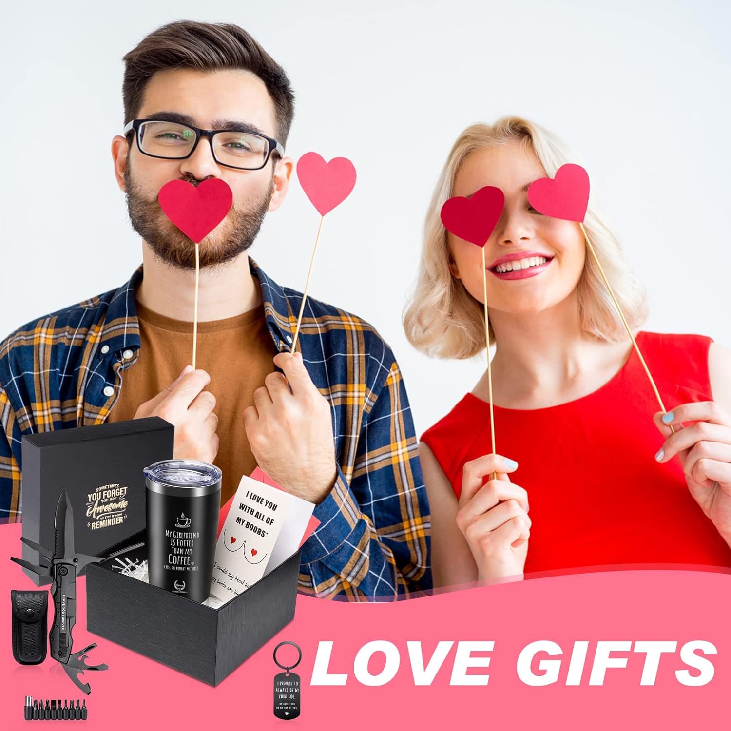 Valentine's Day Gifts for Boyfriend - 5-in-1 Survival Gift Box with Insulated Tumbler, Multi-Tool Pocket Knife, Keychain & Greeting Card - Birthday, Anniversary Presents for Him