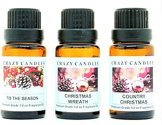 Crazy Candles 3 Bottles Set, 1 Tis The Season, 1 Christmas Wreath, 1 Country Christmas 1/2 Fl Oz Each (15ml) Premium Grade Scented Fragrance Oils