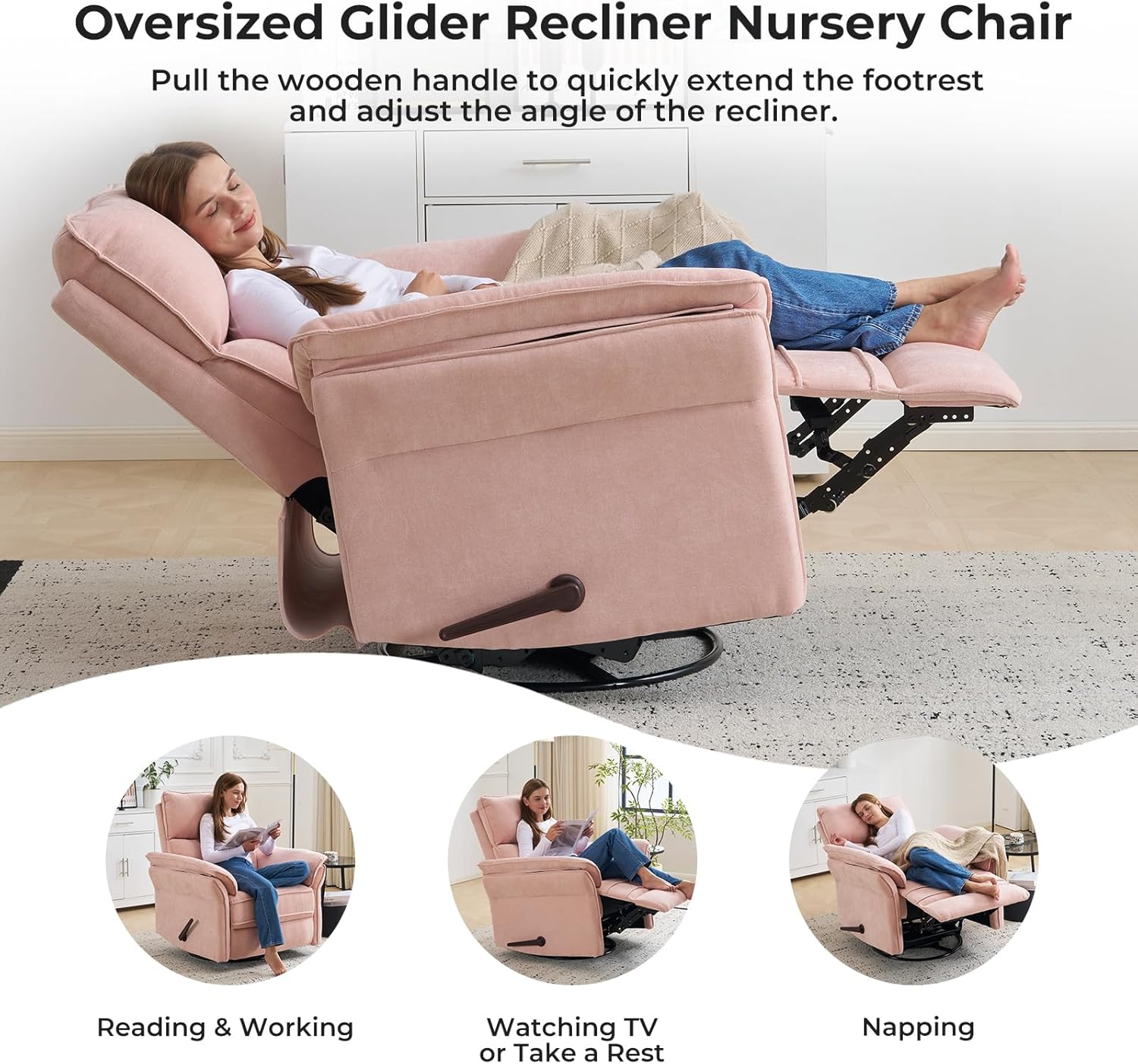 Oversized Recliner Chair, 26" Extra Wide 360° Swivel Rocker Recliner with Adjustable Headrest, Chenille Glider Rocking Nursery Chair with Overstuffed Armrest, Lumbar Support, Pink