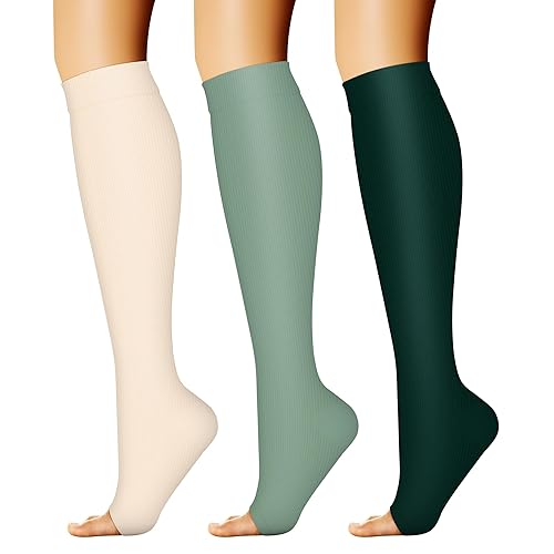 CHARMKING 3 Pairs Open Toe Compression Socks for Women & Men Circulation 15-20 mmHg is Best Support for All Day Wear - Small-Medium - 13 Green/Green/Yellow