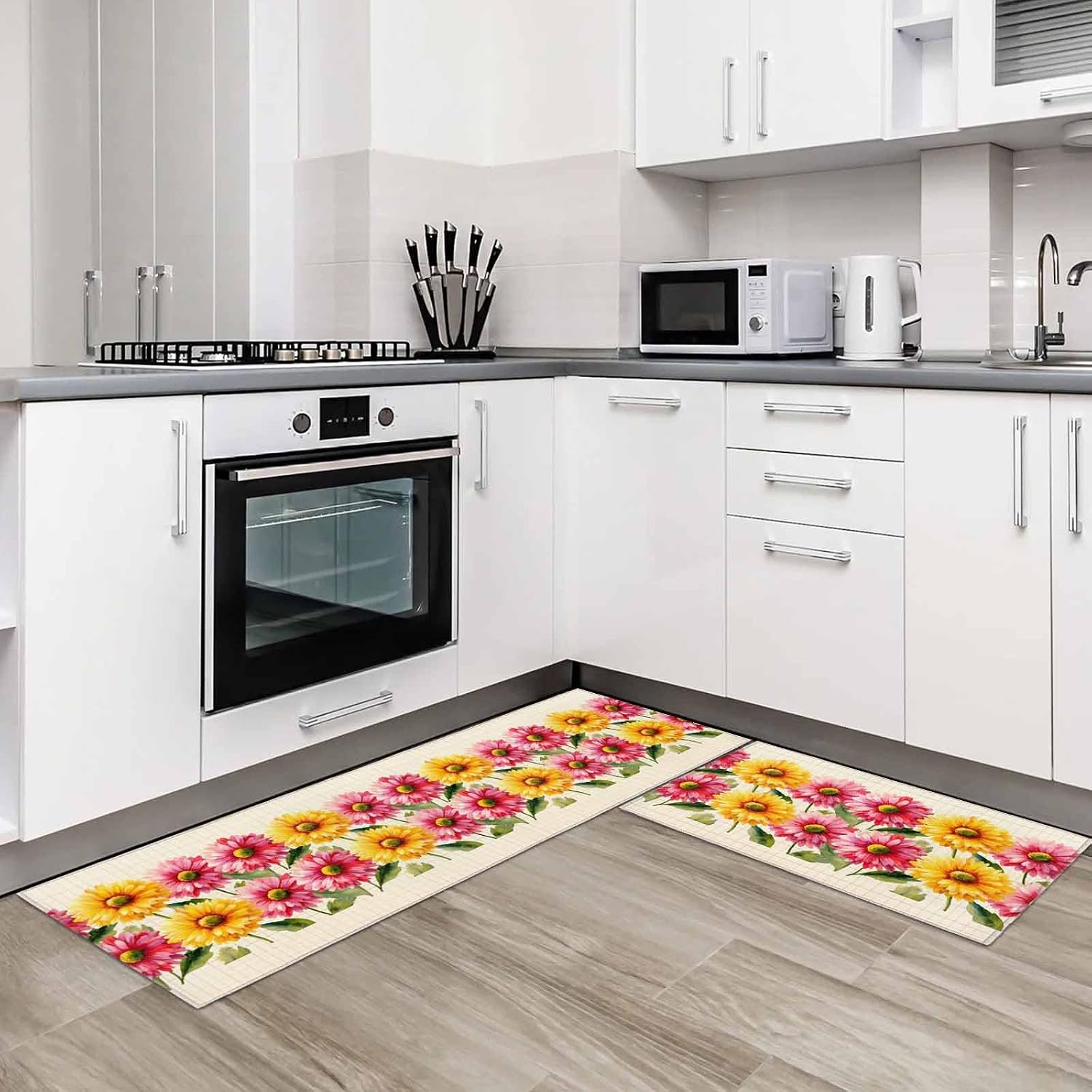 Teamery Kitchen Mats for Floor Country Pink Yellow Flowers Washable Non Slip Kitchen Rugs 2PCS, Check Background Absorbent Standing Mats for Sink Bathroom Office Living Room 15.7x23.6in+15.7x47.2in