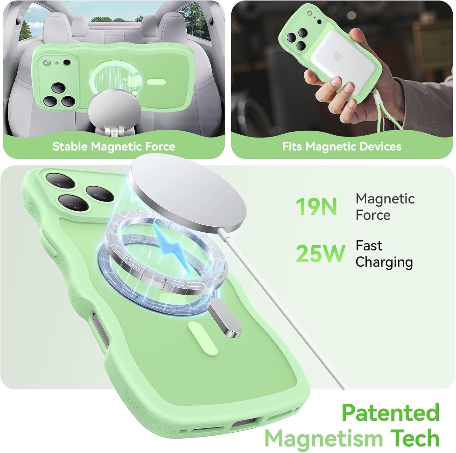 Magnetic for iPhone 17 Pro Case, Cute Wavy [Full Camera Protection][Fit for MagSafe] 1X Screen Protector + 1X Wrist Strap, Trendy Matte Women Girly Phone Case for iPhone 17 Pro 6.3", Matcha Green