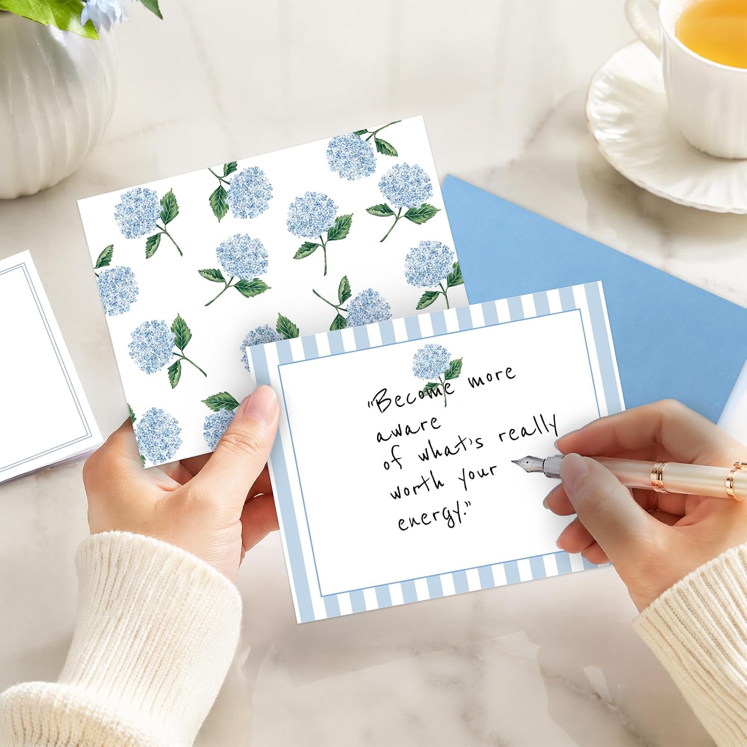 FYSUIMU 50 Pack Hydrangea Flower Stationery Cards with Envelope Sticker Blue Floral Stripe Blank Note Cards Greeting Card for Wedding Baby Shower Birthday Invitations Supplies