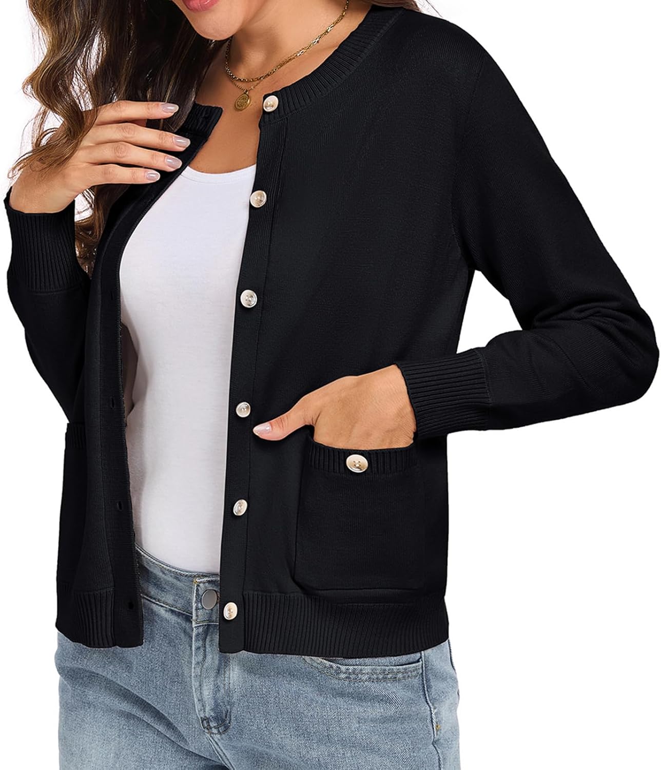 Oymyakon Women Button Down Cardigan Sweaters Long Sleeve Crew Neck Knit Sweater Lightweight Open Front Top Outwear Coat - Image 2