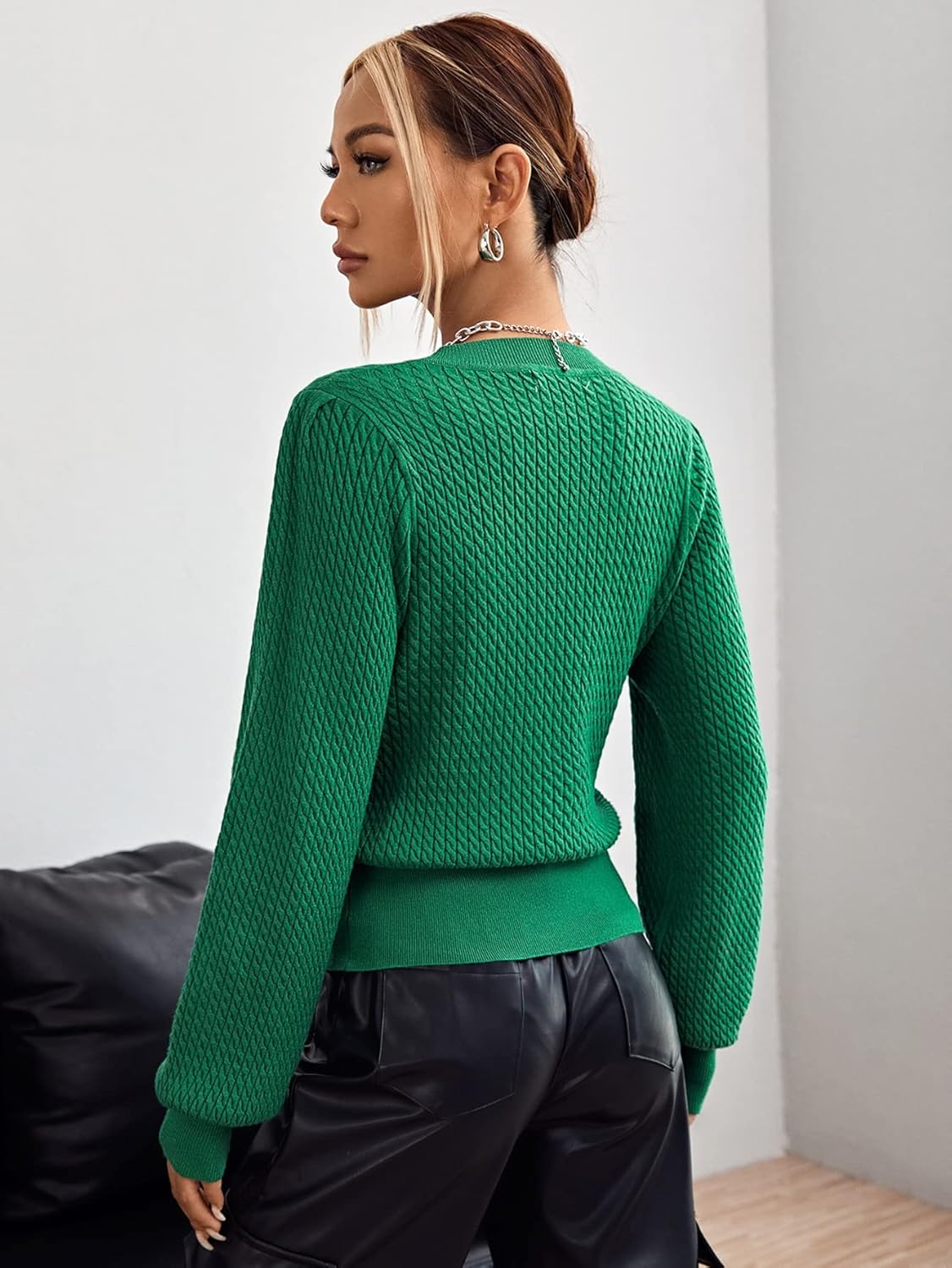 Women's Sweater Cable Knit Lantern Sleeve Sweater Sweater for Women (Color : Green, Size : Medium)