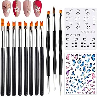 11PC Nail Art Brushes Set, Black Petal Acrylic Nail Brush Kit Nail Linering Stripping Painting Pen French Nail Polish Brush Nail Art Tools with Nail Sticker Decals for Gel Nail Acrylic Nail Design