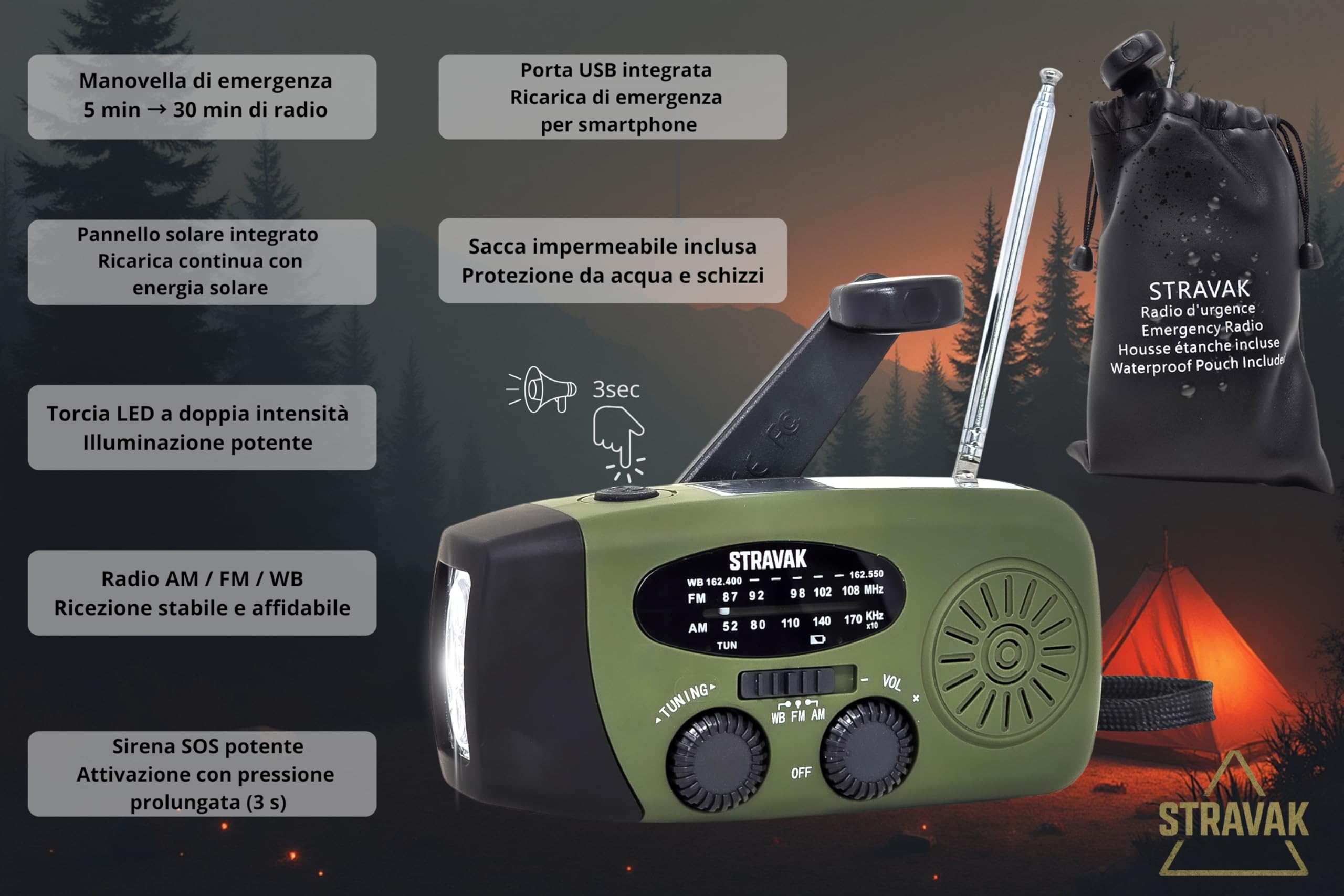 Radio di emergenza solare a manovella con torcia LED, power bank USB-C 2000 mAh e sirena SOS