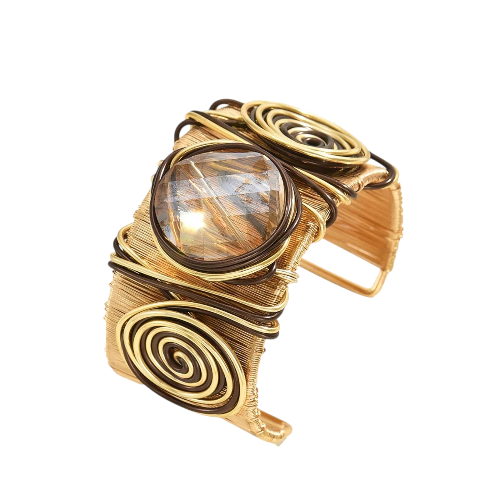 Marea Brava Brazalete Abierto Ajustable para Mujer - Estilo Bohemio Africano con Alambre Enrollado, Gemas Incrustadas y Diseño Retro, Joyería Versátil de Lujo Dorado y Plateado